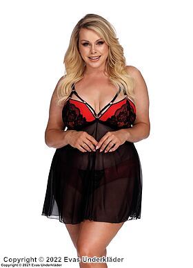 Elegant nightdress, sheer mesh, straps over bust, lace cups, rings, plus size